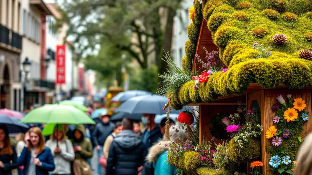Imagen de la Fiesta de los Maios en Ourense, con estructuras decoradas y gente en la calle.