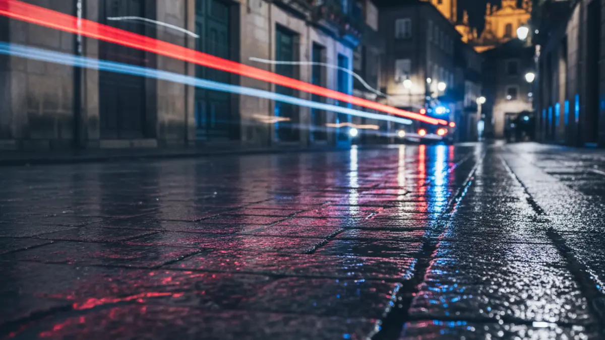 Imaxe xenérica de luces de emerxencia reflectíndose sobre o asfalto mollado pola noite.