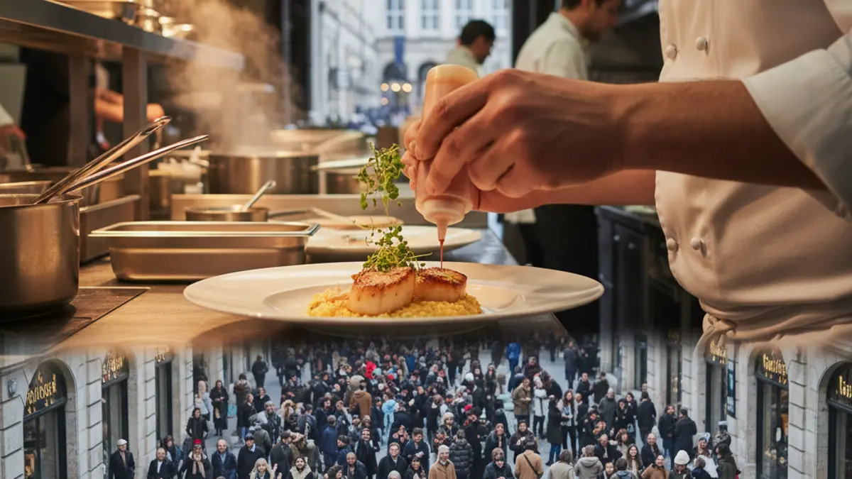 Imaxe xenérica dunhas mans de cociñeiro preparando comida nunha cociña profesional.