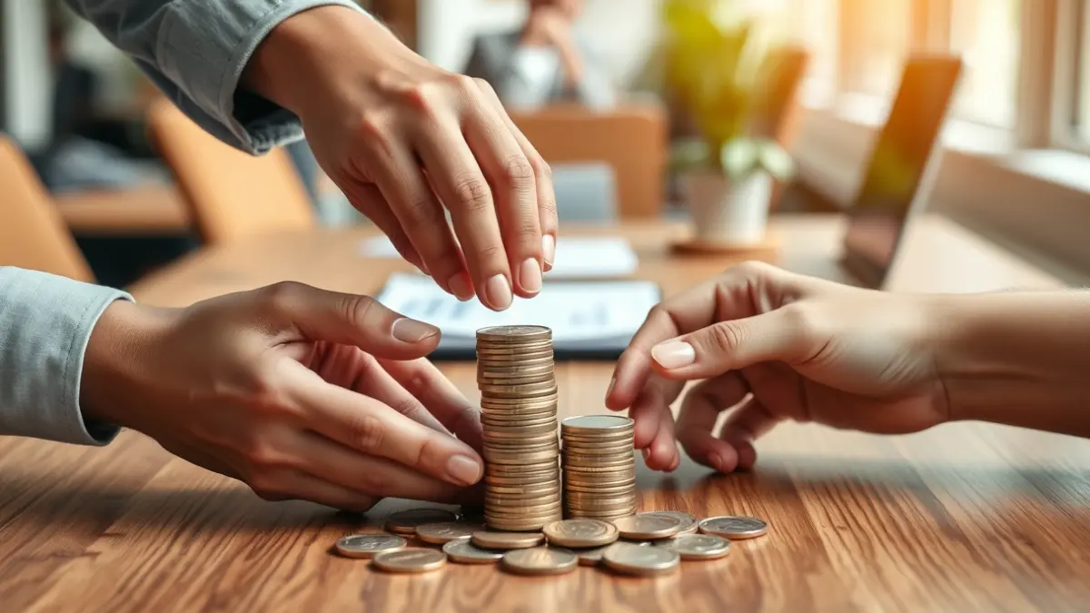 Imaxe xenérica de mans apilando moedas, simbolizando o crecemento económico.