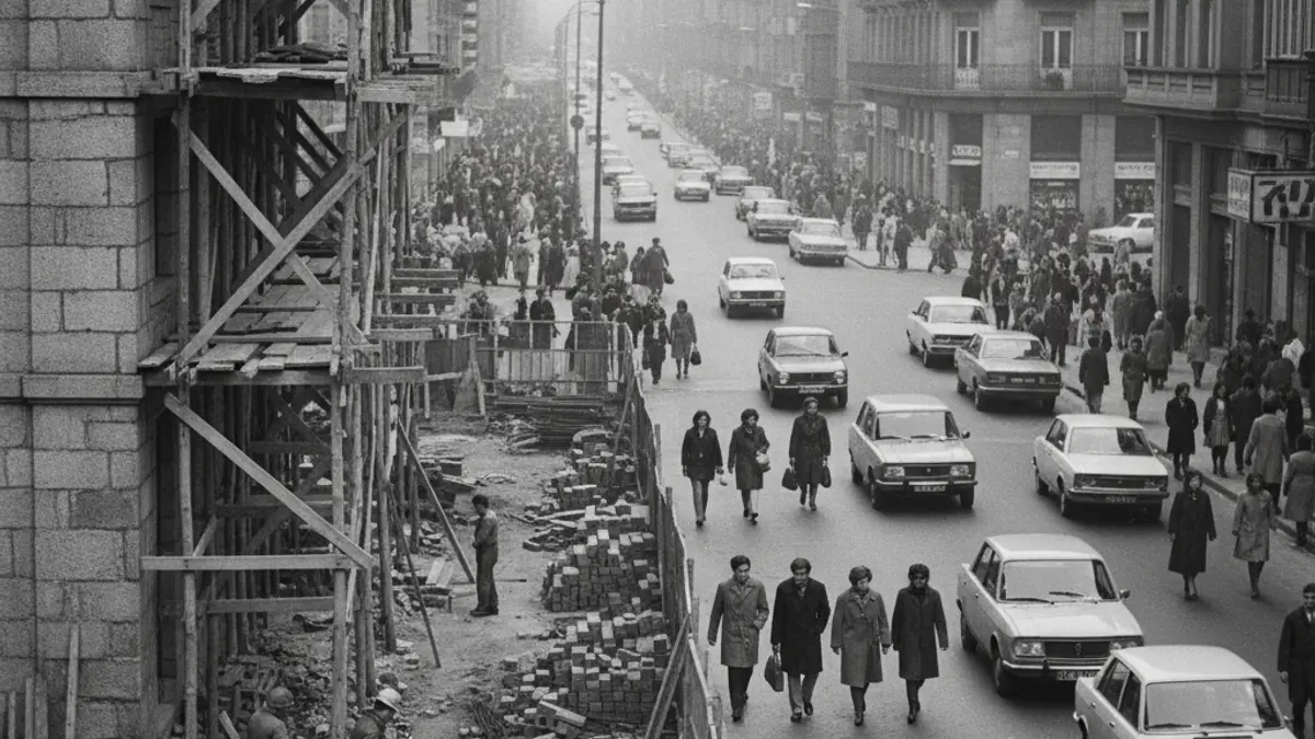 Imaxe dunha rúa céntrica de Ourense nos anos 70 cunha obra sen valado de protección.