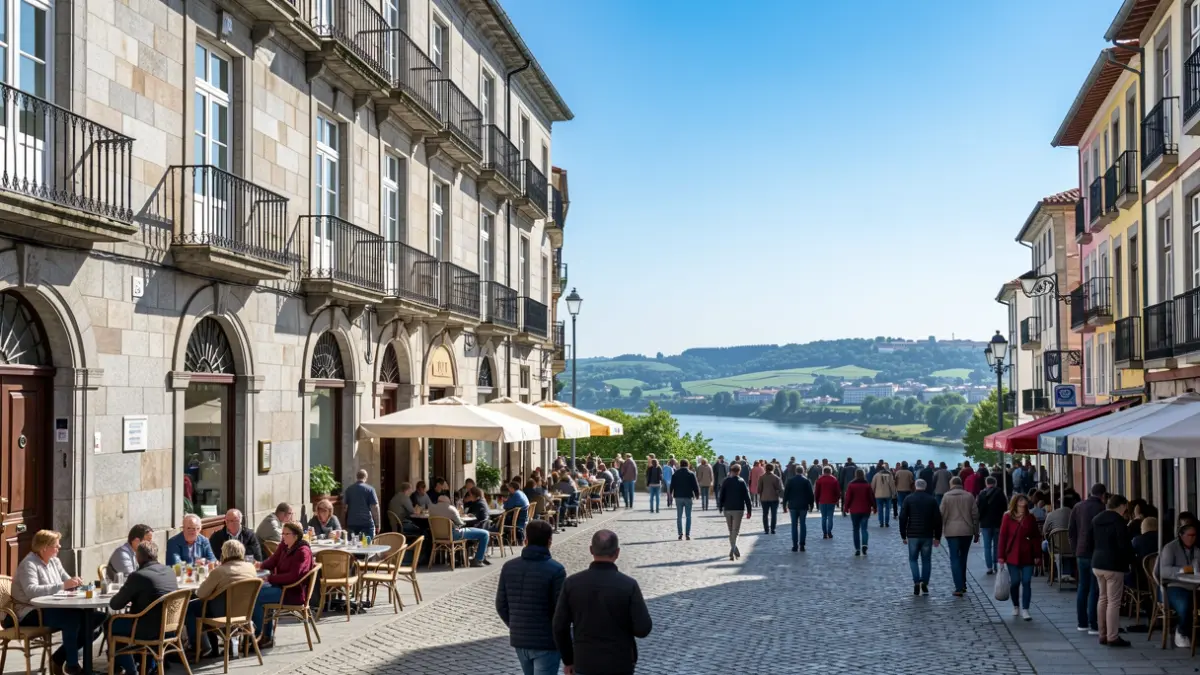 Imagen genérica de una calle de Ourense con arquitectura de granito y gente.