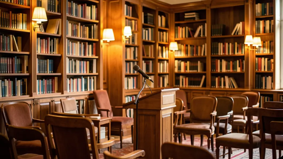 Imagen genérica de una sala de actos o biblioteca con sillas y un micrófono.