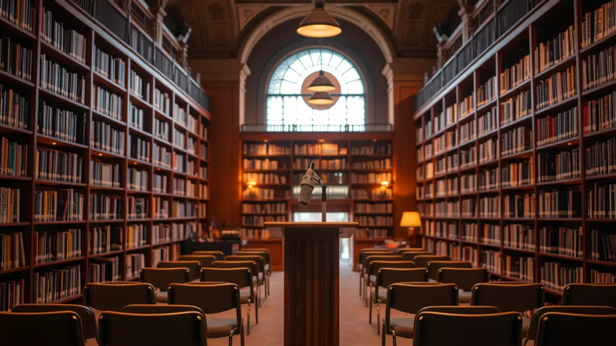 Imagen genérica de un salón de actos o biblioteca, con sillas vacías y un atril con micrófono.
