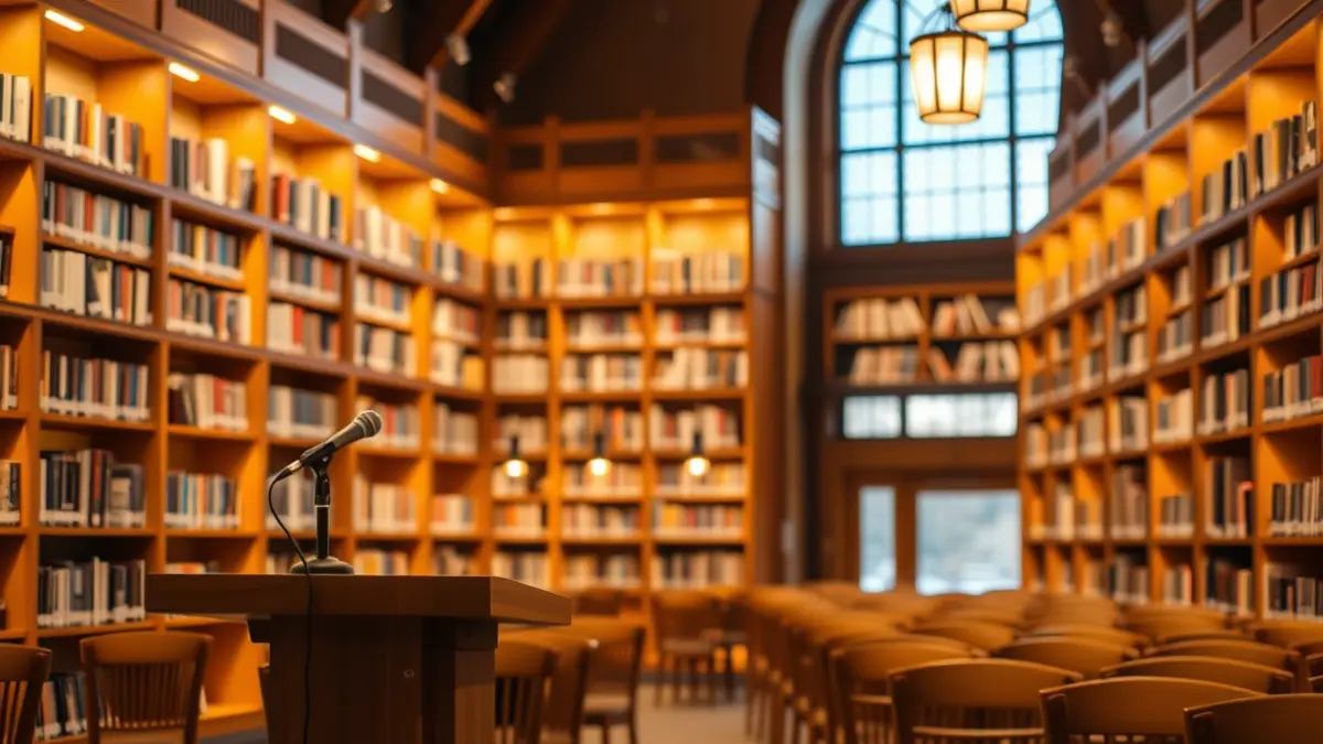 Imaxe xenérica dunha sala de cine antiga ou dunha biblioteca con libros.