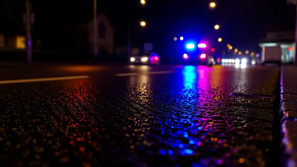 Imagen genérica de luces de emergencia reflejándose sobre asfalto mojado.