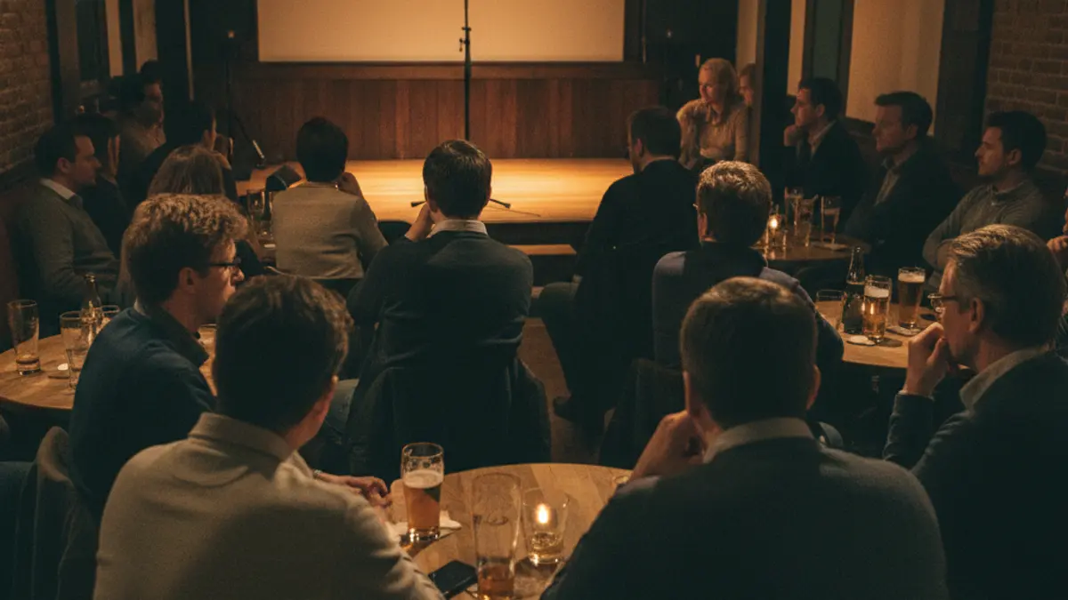 Imaxe xenérica dun bar con xente escoitando unha charla, representando un evento de divulgación científica.