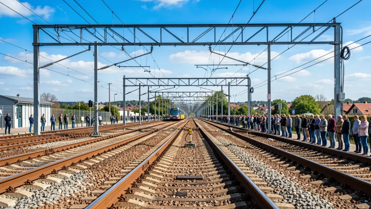 Imaxe xenérica de traballos de electrificación en vías de tren.