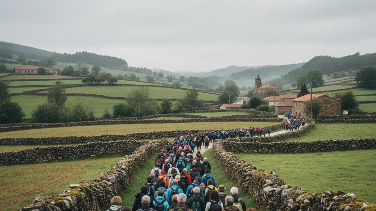 Imaxe xenérica de peregrinos camiñando por unha ruta en Galicia.