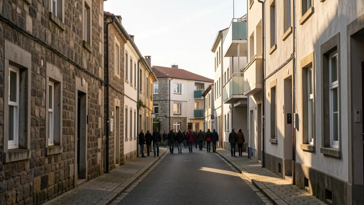 Calle estrecha y tranquila en el barrio de Peruleiro, A Coruña, con casas antiguas y edificios modernos.