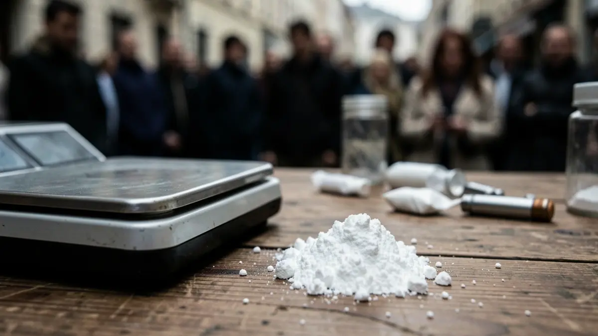 Primer plano de una báscula y una pequeña pila de polvo blanco sobre una mesa de madera, con parafernalia de drogas difuminada al fondo.