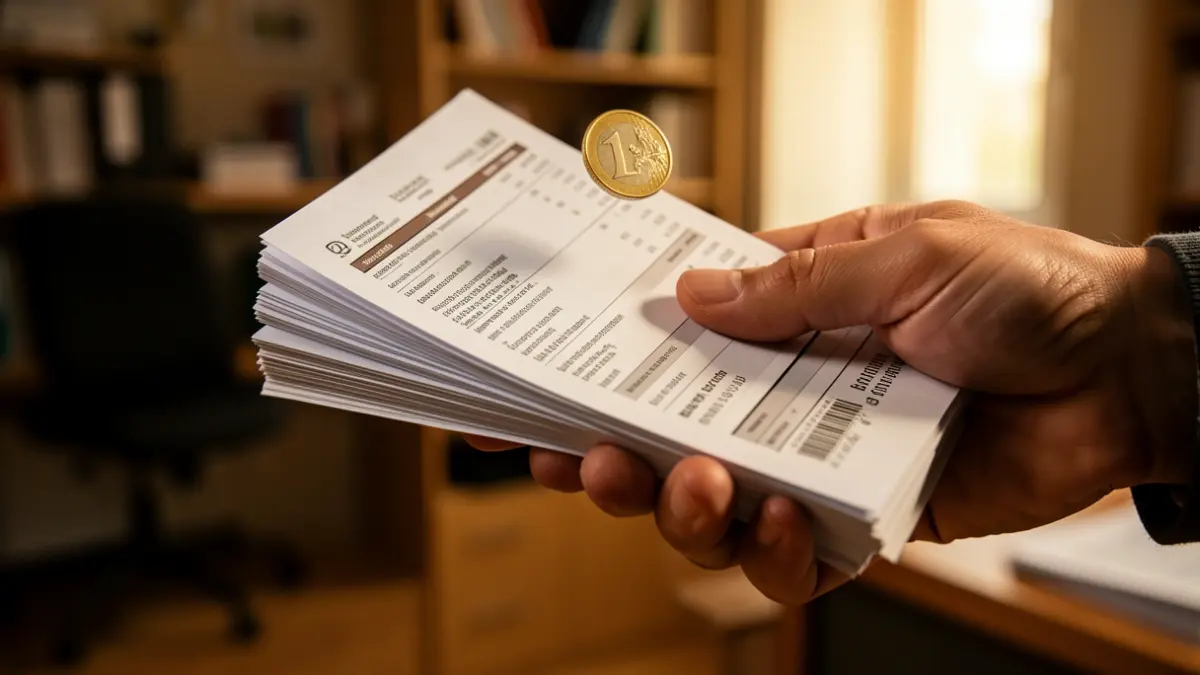 Primer plano de una mano sosteniendo facturas con una moneda de euro cayendo.