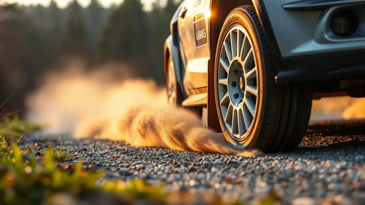 Imagen genérica de un coche de rally en acción en una pista de tierra.
