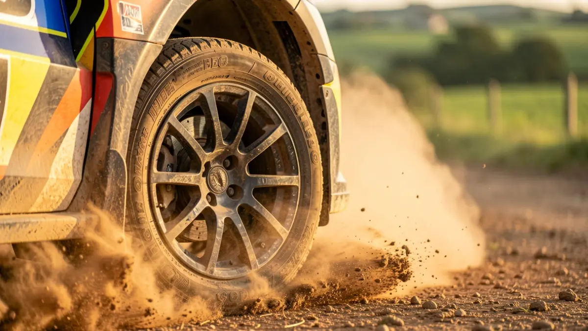 Imaxe xenérica de roda de rally levantando po nunha pista de terra con paisaxe galega ao fondo.