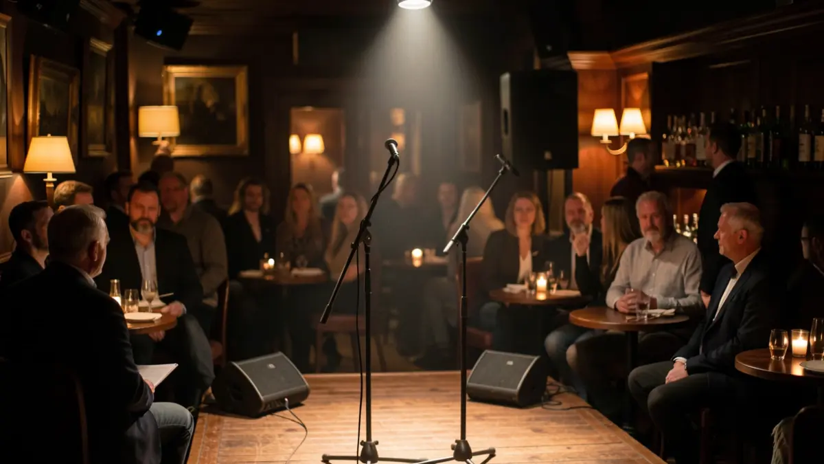 Imaxe xenérica dun bar con escenario e público difuminado.
