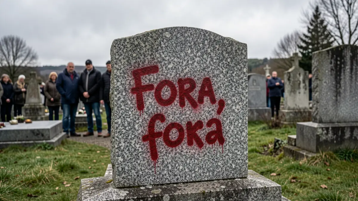 Imagen de una lápida de granito con una pintada de 'Fora, fora' en rojo.