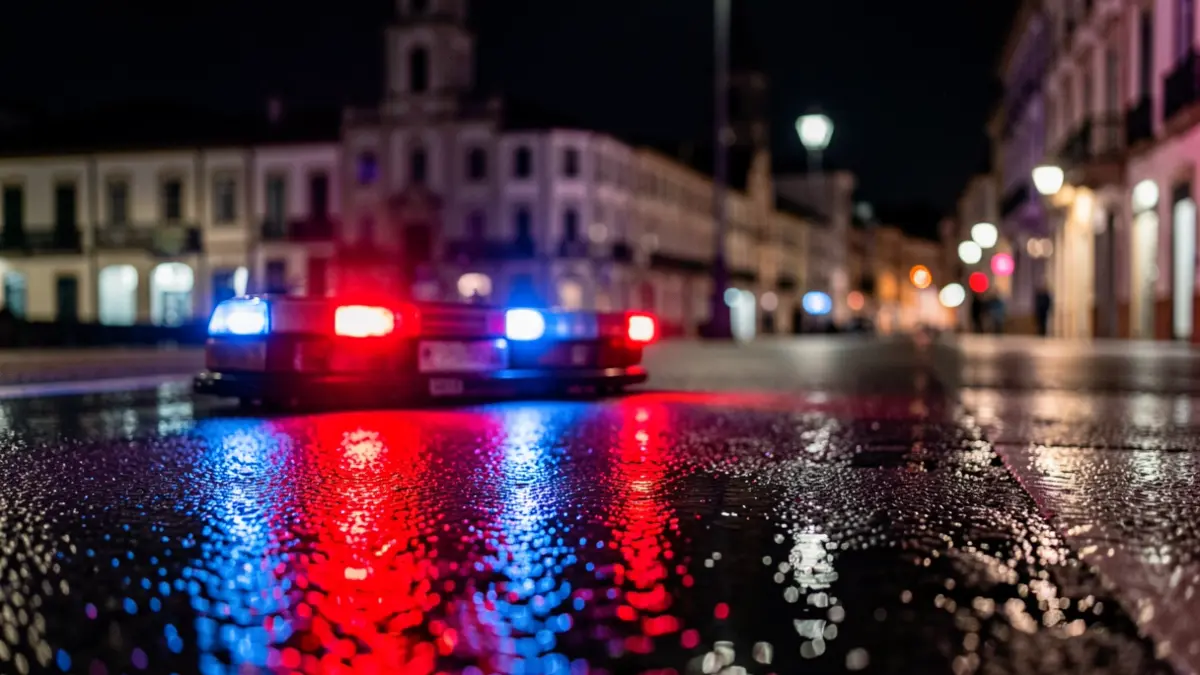 Imagen genérica de luces de emergencia reflejando en una carretera mojada por la noche.