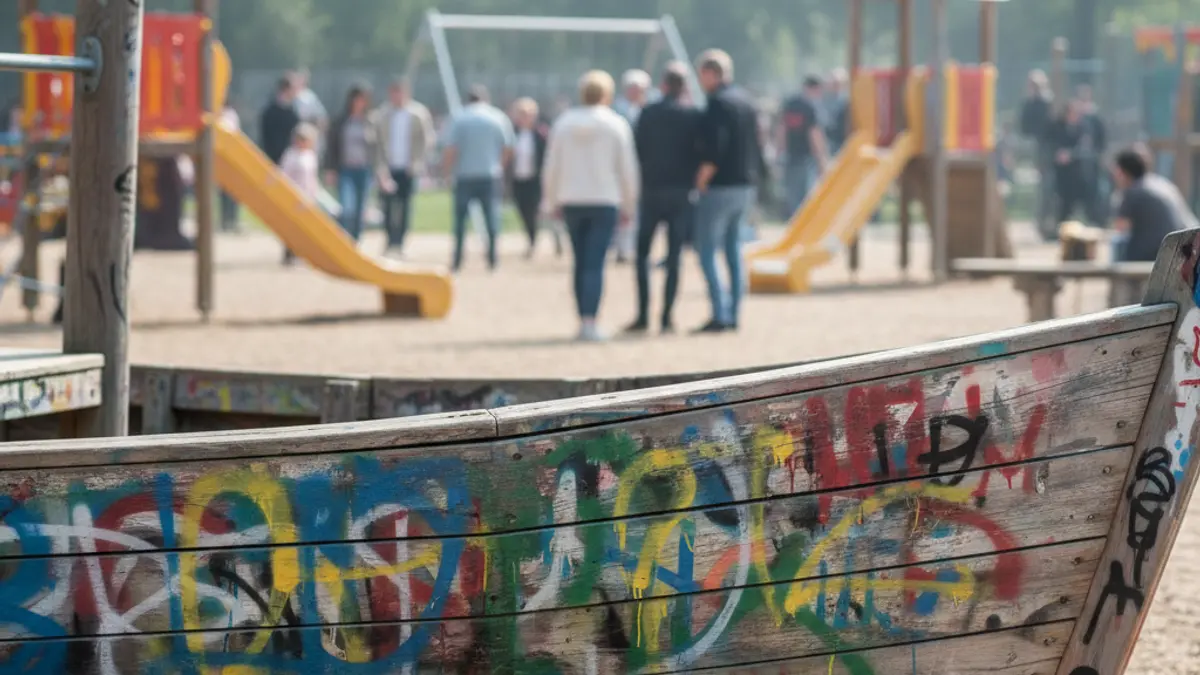 Imaxe dunha pintada nunha estrutura de barco nun parque infantil.