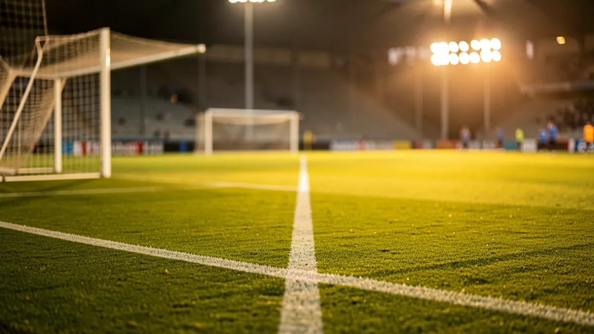 Imaxe xenérica dun campo de fútbol con herba ben coidada e luces do estadio ao fondo.