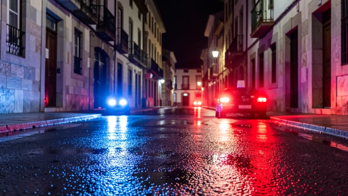 Imagen genérica de luces de emergencia reflejando en una calle mojada por la noche.