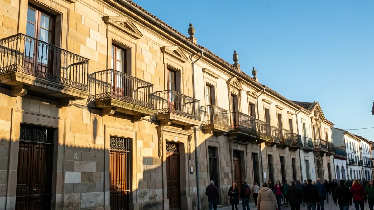 Fachada de pedra dun concello galego con balcóns ornamentados baixo a luz do sol da tarde.