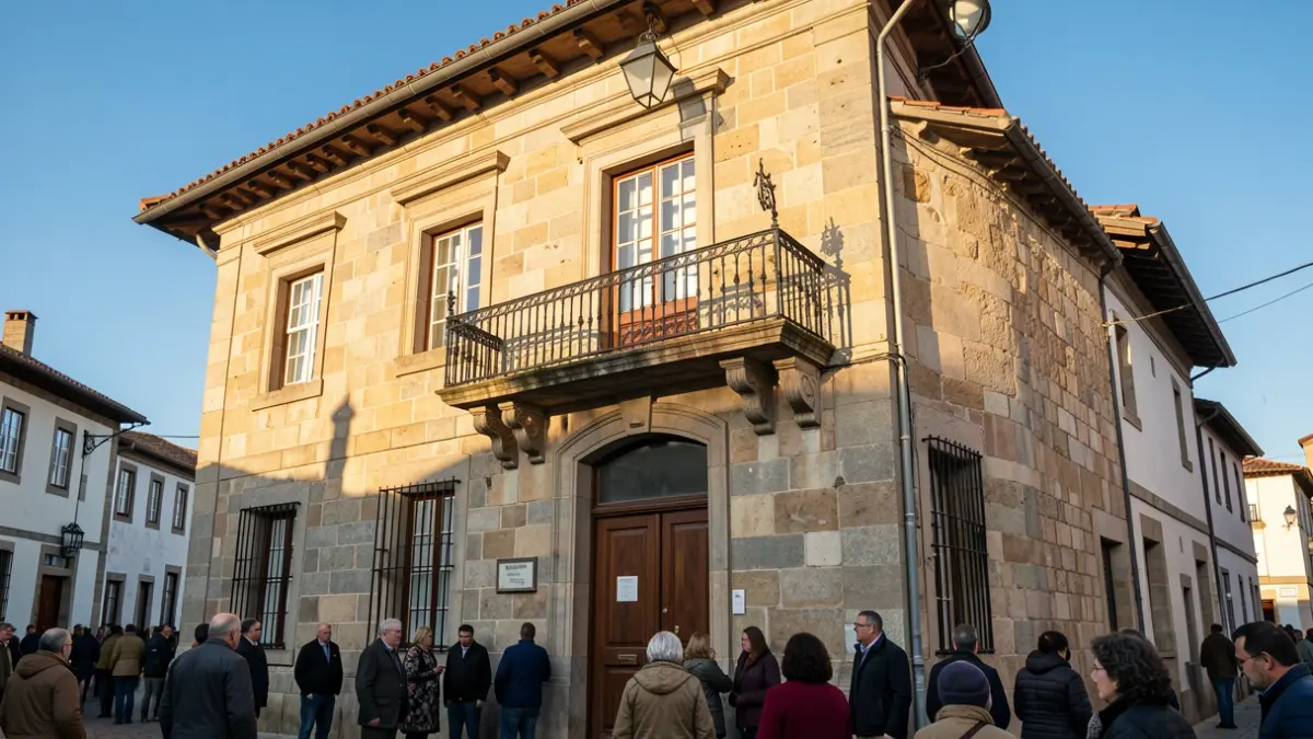 Fachada de un edificio municipal en Galicia con balcón de hierro forjado.