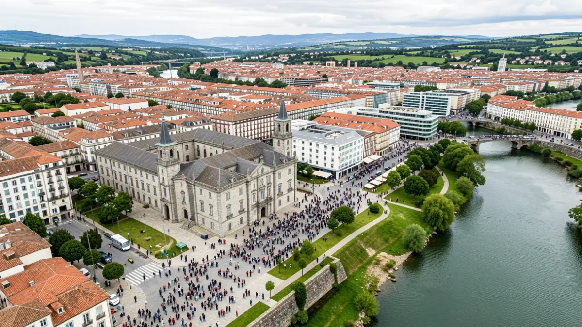 Vista aérea da cidade de Pontevedra, amosando unha mestura de edificios históricos de granito e desenvolvemento urbano moderno, con espazos verdes e o río Gafos visibles.