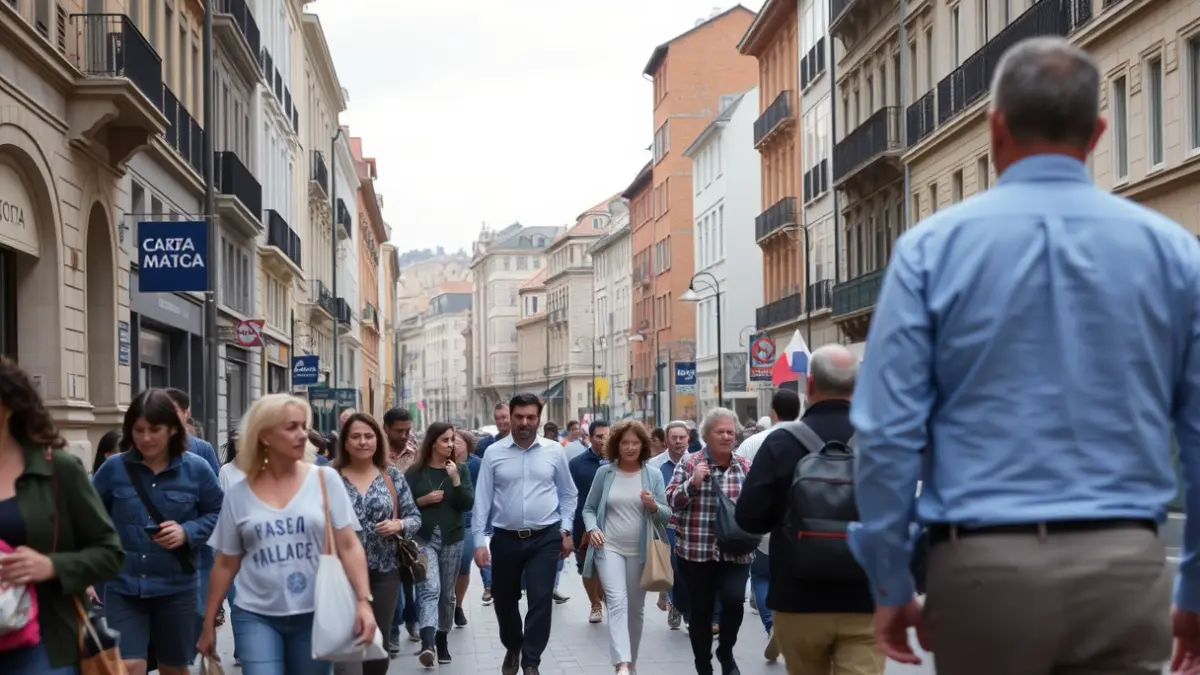Imaxe xenérica dunha rúa urbana en Galicia, con xente camiñando e edificios ao fondo.