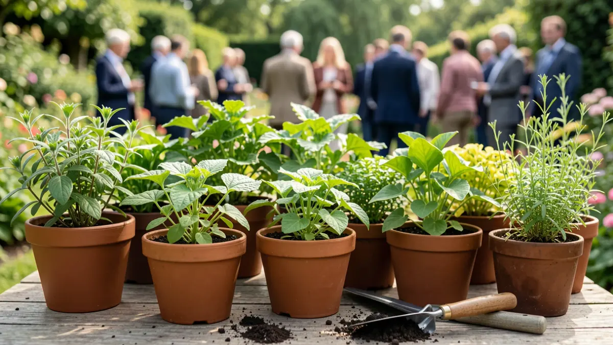 Imagen genérica de plantas y herramientas de jardinería sobre una mesa.