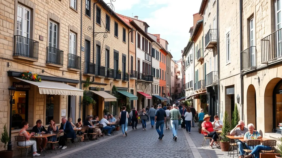 Imaxe dunha rúa animada nunha vila histórica galega, con edificios de pedra e rúas empedradas, xente gozando en terrazas e un ambiente festivo.