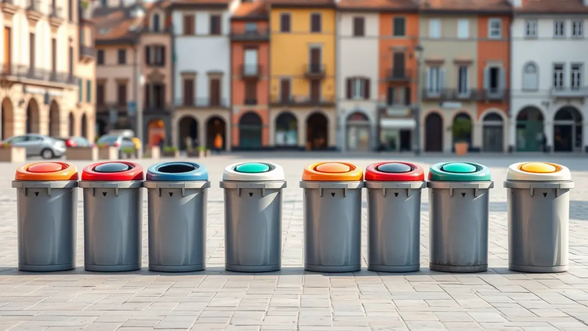 Imaxe xenérica de contedores de reciclaxe nunha praza histórica.
