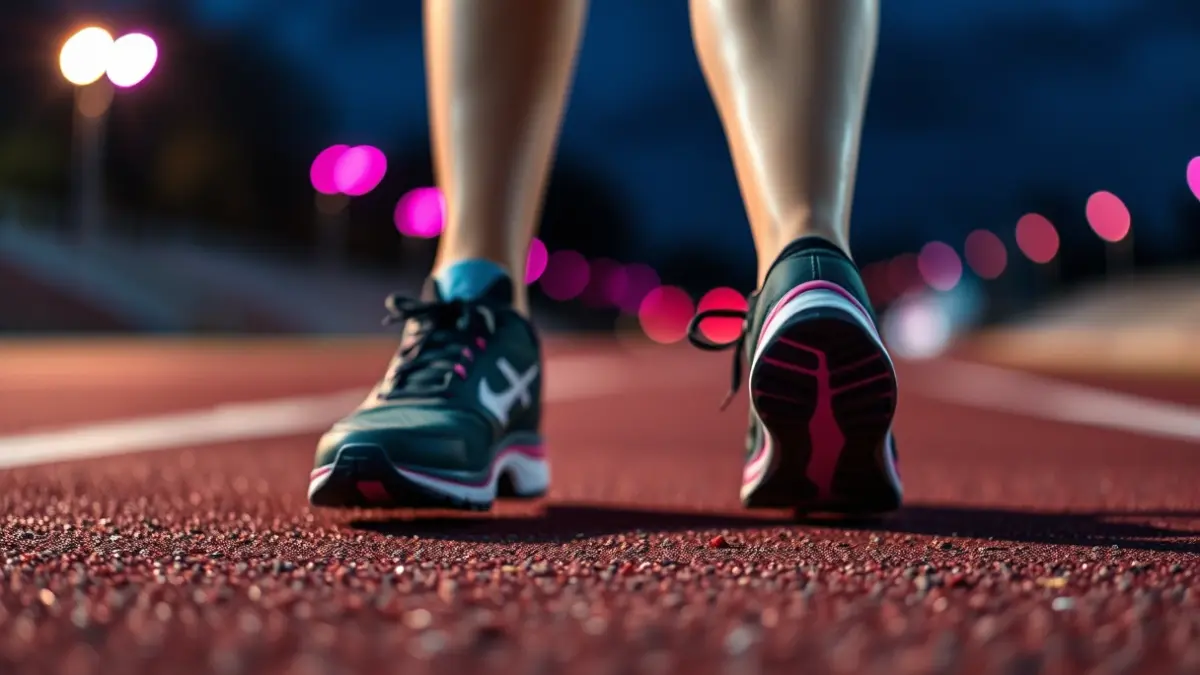 Imaxe xenérica dunhas zapatillas de correr nunha pista pola noite, con luces rosas ao fondo.