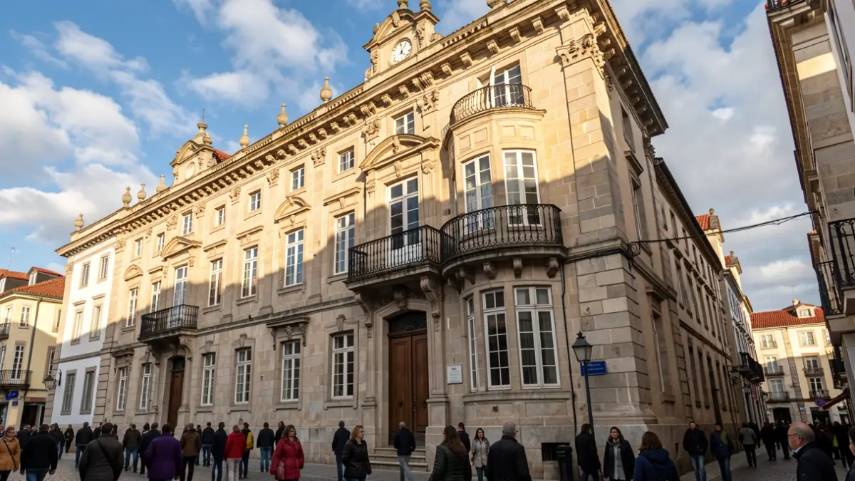Imagen genérica de un edificio histórico de piedra en Pontevedra con detalles arquitectónicos ornamentados.