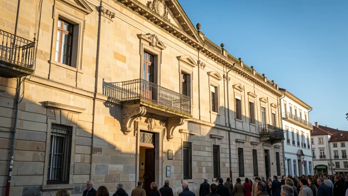 Imaxe xenérica dunha fachada de concello de pedra con balcón ornamentado e raís de ferro, luz solar cálida da tarde proxectando sombras nas paredes de arenito, ceo azul, estilo fotográfico documental.