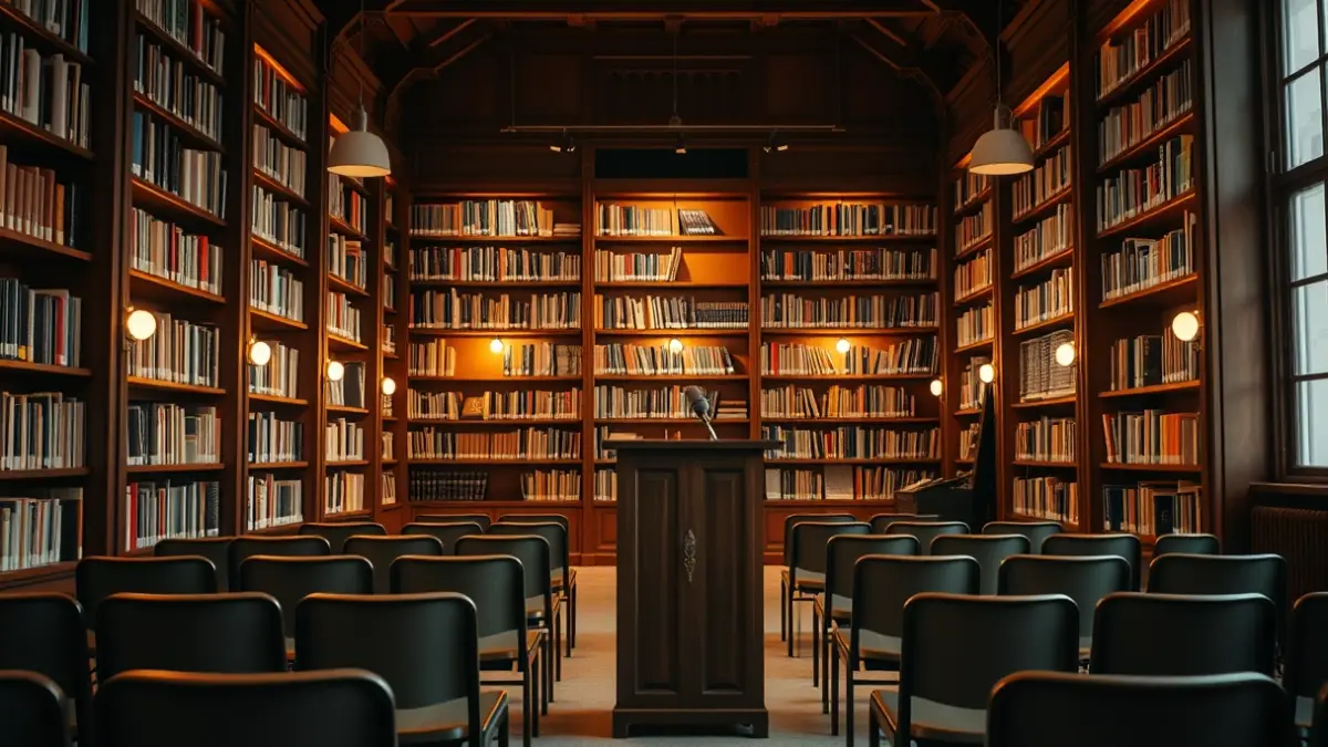 Imagen genérica de una sala de presentaciones o biblioteca, con micrófono y sillas vacías.