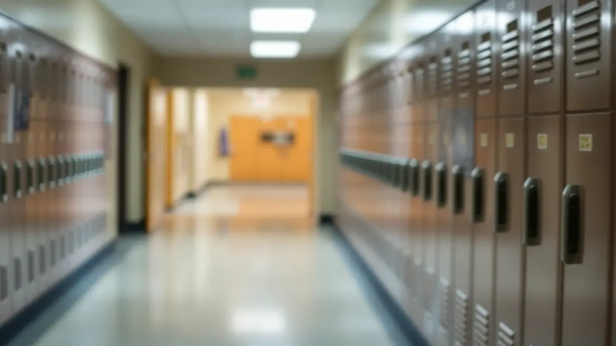 Imaxe xenérica dun corredor de instituto con taquillas, suxerindo desorde ou falta de supervisión.