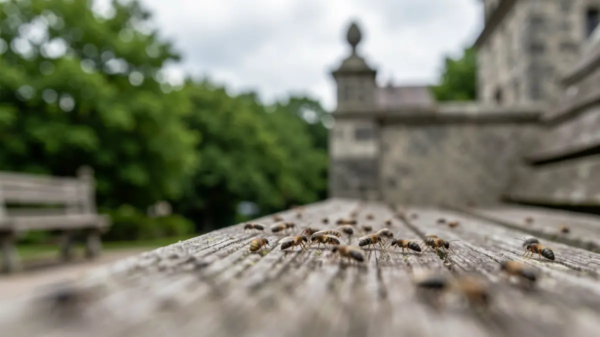 Imaxe xenérica de pequenos insectos nun banco dun parque en Galicia.