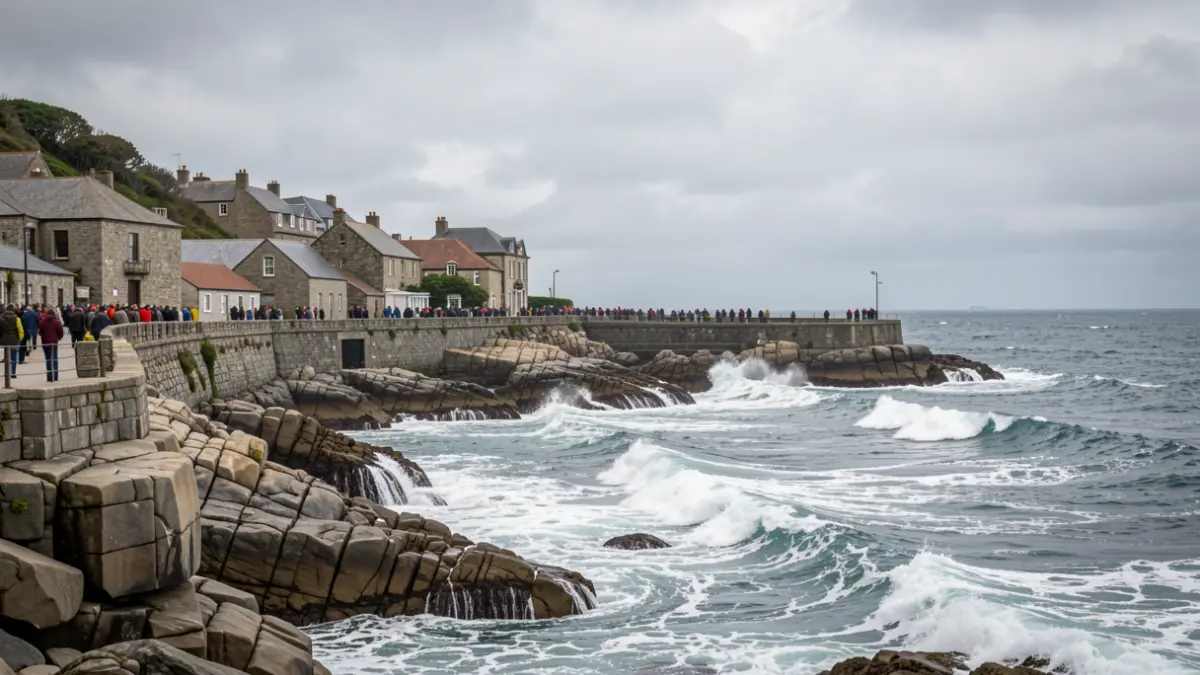 Imaxe xenérica da costa galega con estruturas de granito e edificios marítimos antigos.