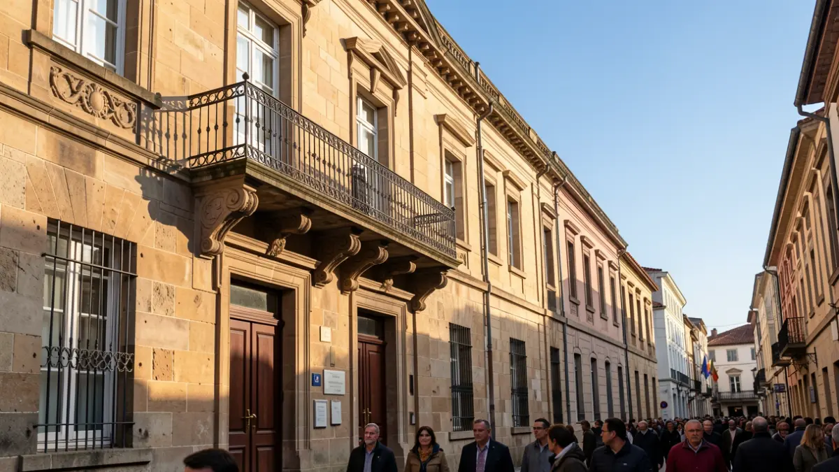 Imaxe xenérica dun edificio institucional de pedra galego con balcón e raís de ferro, baixo a luz do sol da tarde.