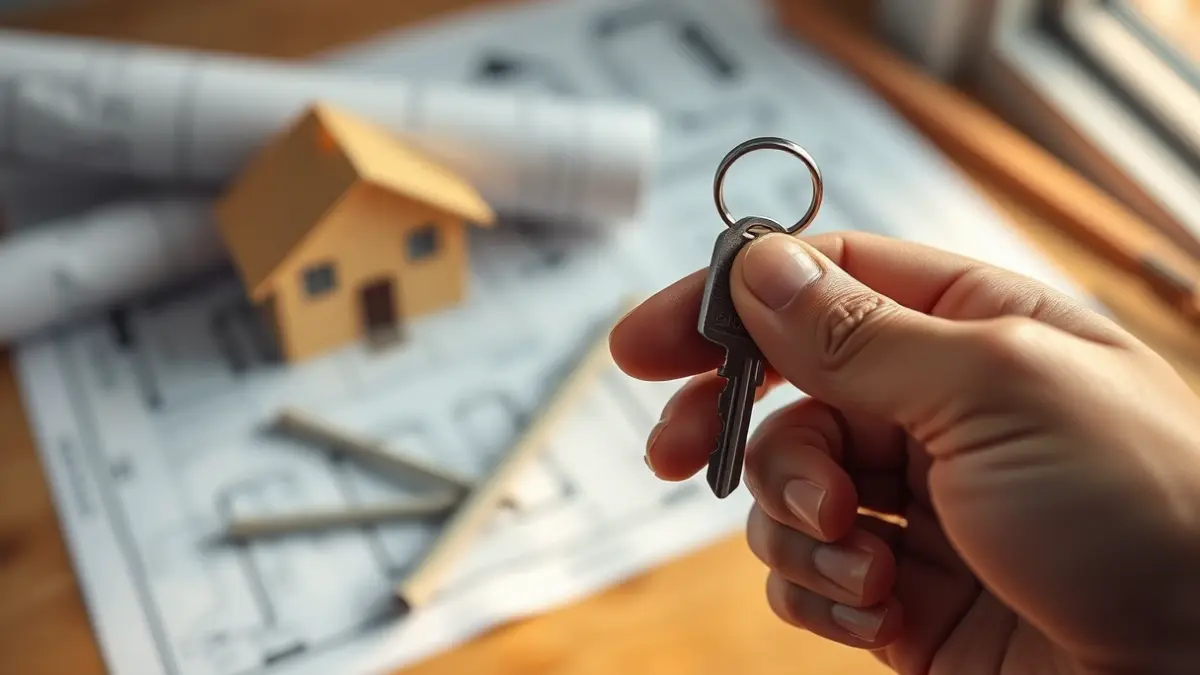 Imaxe xenérica dunha man sostendo unha chave de vivenda, con planos e materiais de construción de fondo.