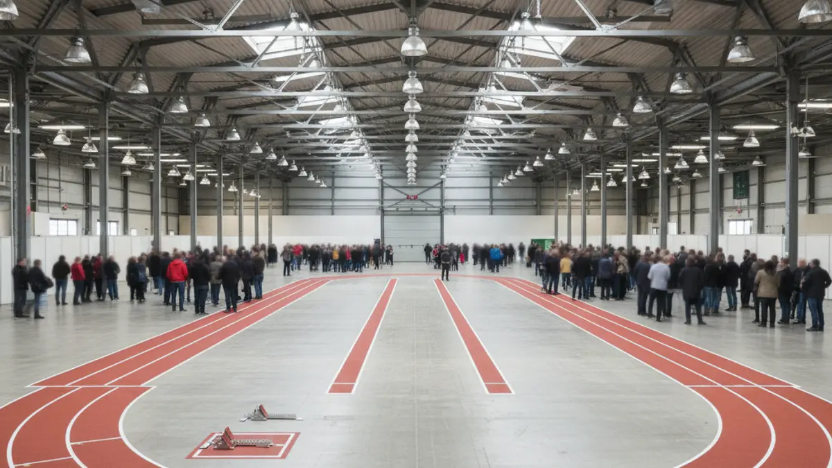 Imaxe xenérica dunha pista de atletismo provisional nun recinto feiral.