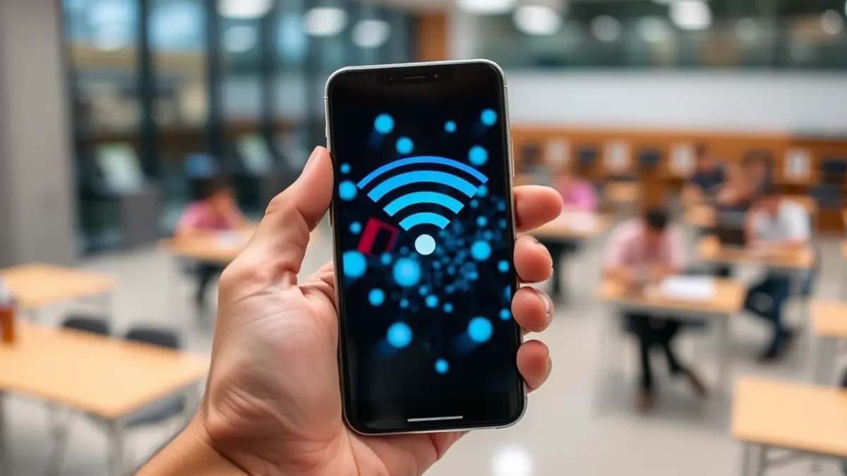 Imagen genérica de una mano sosteniendo un smartphone con símbolos de red, representando la detección de Wi-Fi.