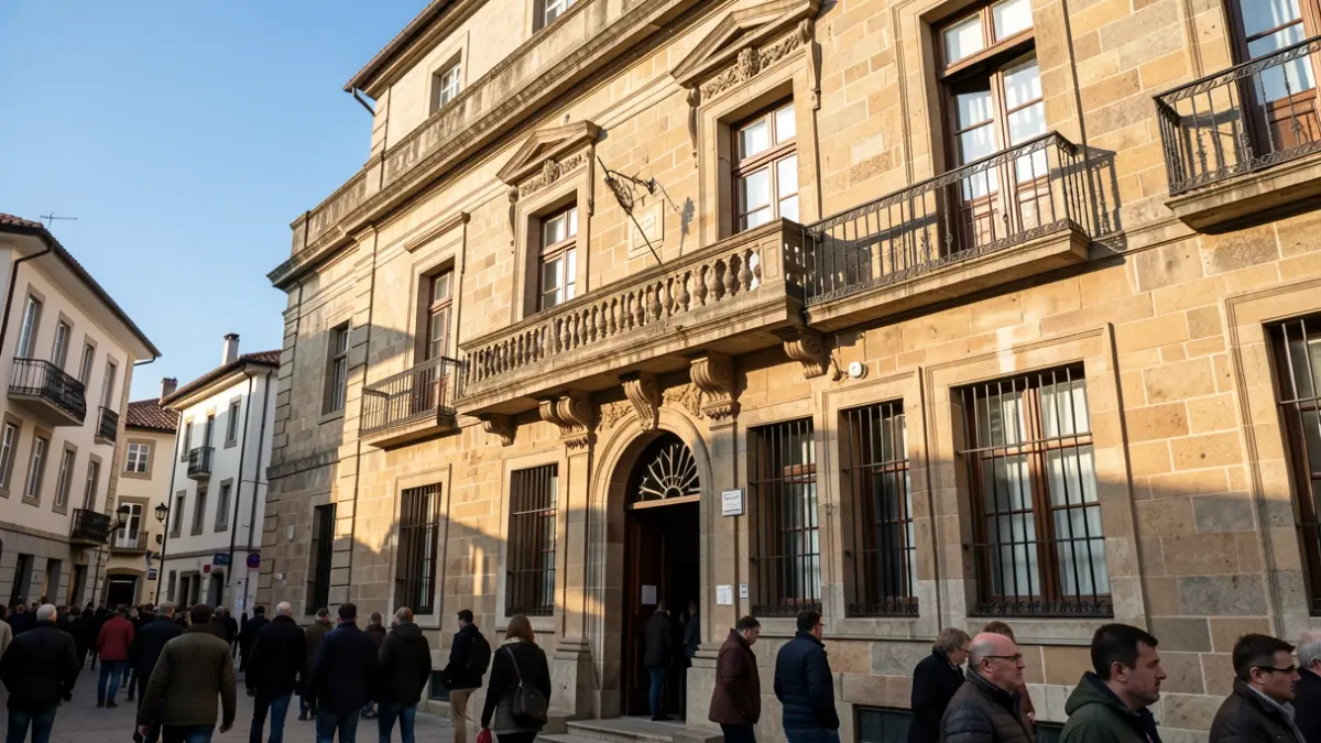 Imaxe xenérica dunha fachada de concello de pedra galego con balcón ornamentado e raís de ferro, luz solar cálida da tarde.