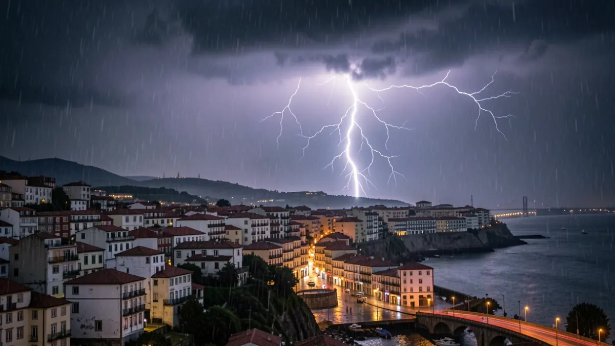 Un rayo ilumina el cielo nocturno sobre Vigo durante una fuerte tormenta con lluvia intensa.