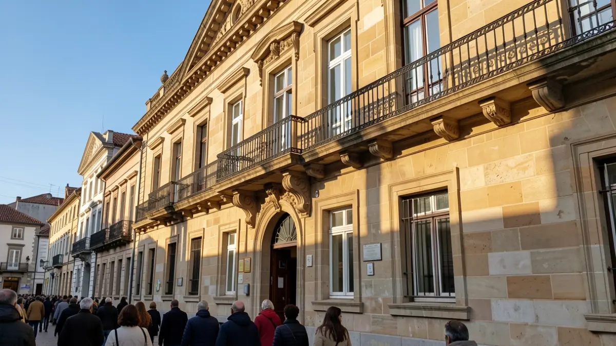 Imagen genérica de un edificio institucional de piedra con balcón y barandillas de hierro, luz solar de la tarde.