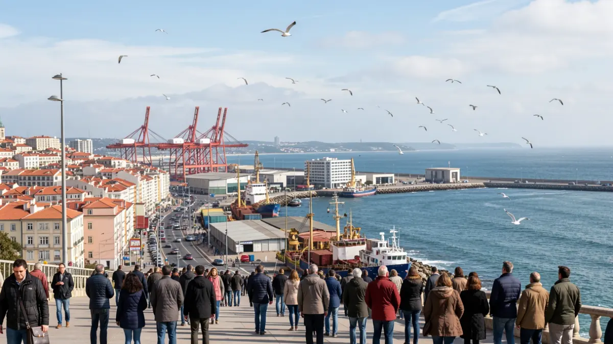 Imaxe xenérica dunha cidade costeira con elementos industriais e mariños.
