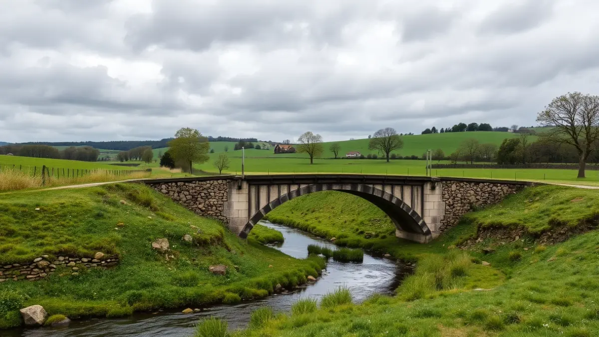Ponte reparada nunha paisaxe rural galega