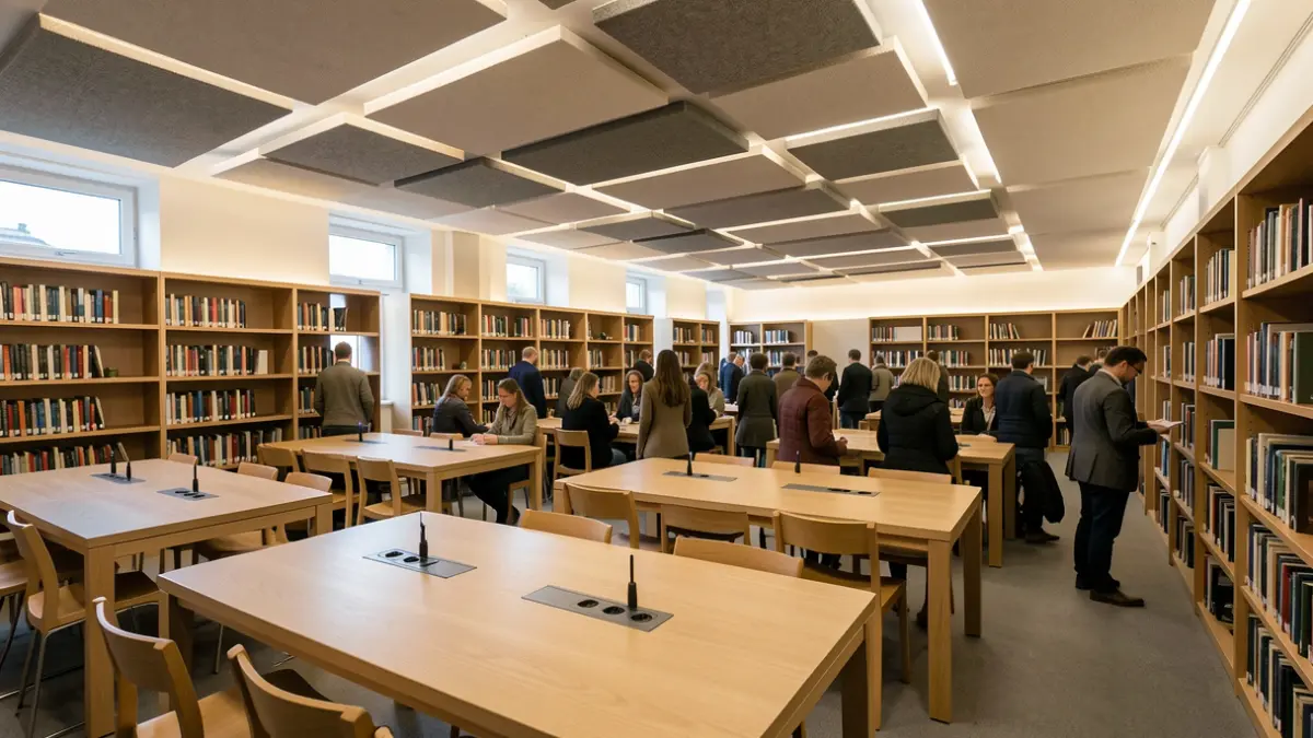 Imaxe xenérica do interior dunha sala de estudo dunha biblioteca moderna en Galicia con mobiliario novo e boa iluminación.