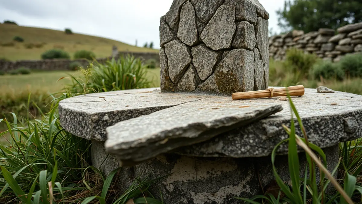 Imaxe dunha fonte de pedra danada e descoidada.