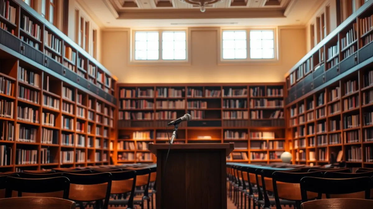 Imaxe xenérica dunha sala de actos ou biblioteca con micrófono e cadeiras baleiras.